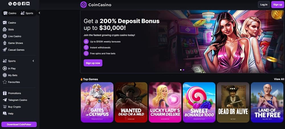 Coin Casino gaming lobby featuring chicken road casino game and progressive slot options
